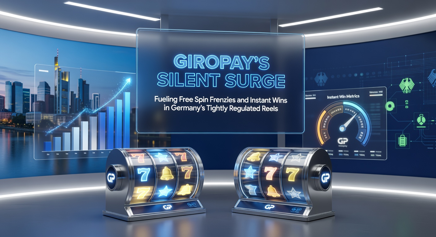 Giropay-Logo vor Slot-Maschinen mit Free-Spin-Symbolen und deutschen Banken im Hintergrund