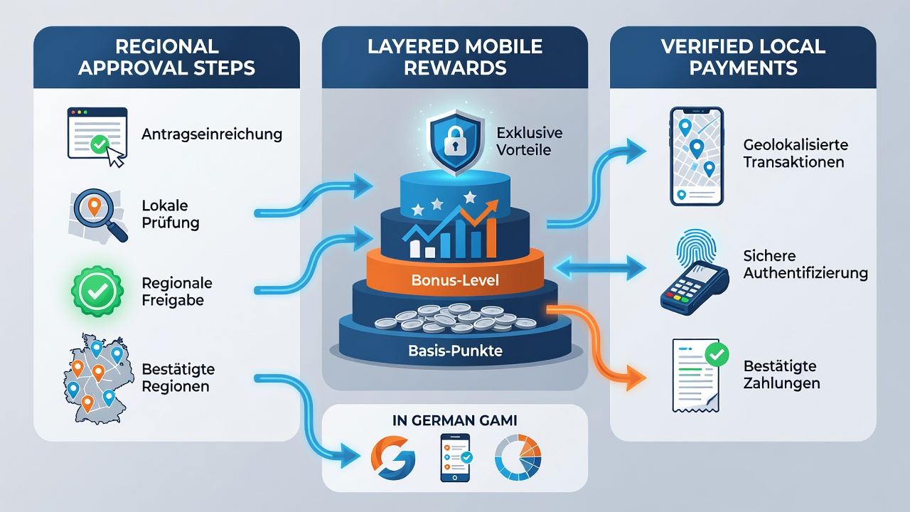 Darstellung der Verknüpfung zwischen staatlichen Genehmigungen und mobilen Belohnungsmechanismen über lokale Zahlungssysteme